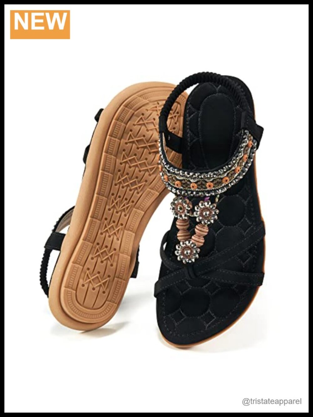 Bohemian Rhinestone Beaded Flat Sandals with Elastic Ankle Strap